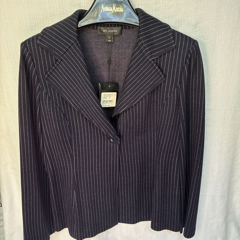 NWT! St. John Blazer Wool Blend Jacket Size 10 Navy Blue Striped ￼